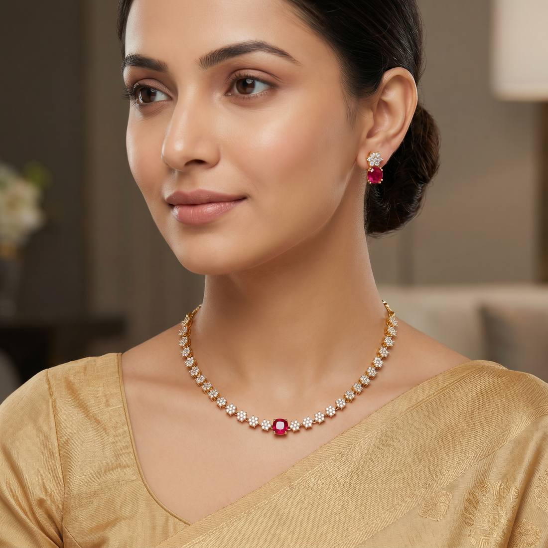 Ruby CZ Floral Necklace Set