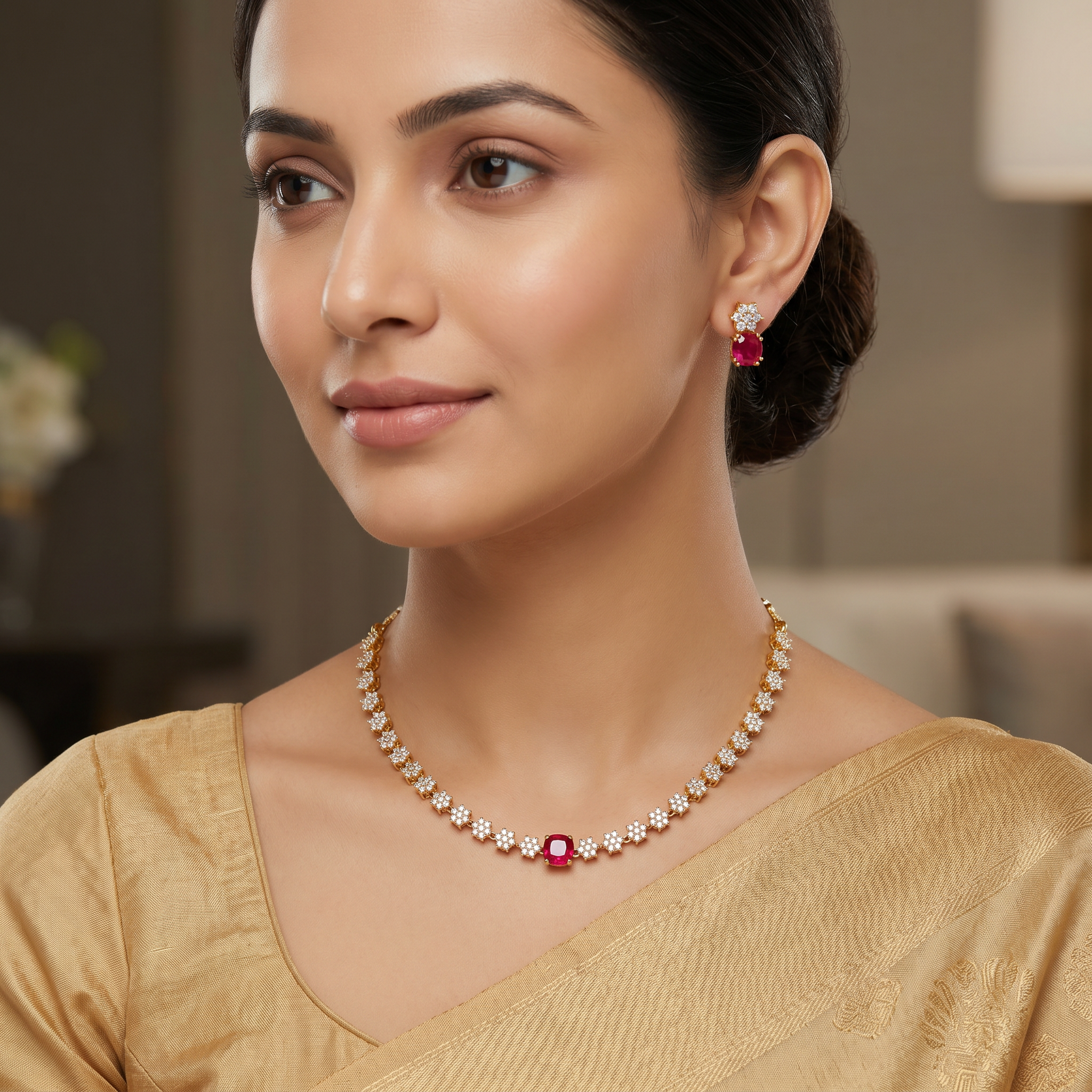 Ruby CZ Floral Necklace Set