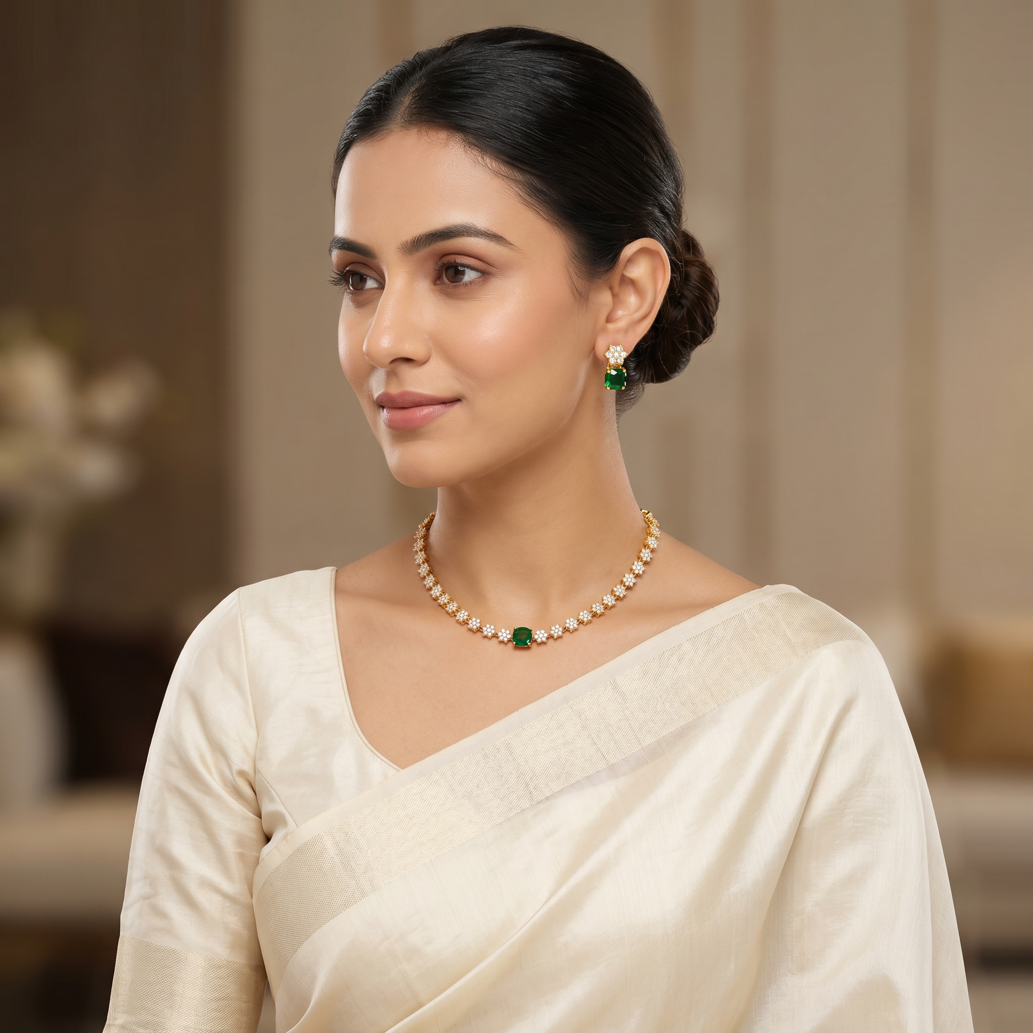 Emerald CZ Floral Necklace Set