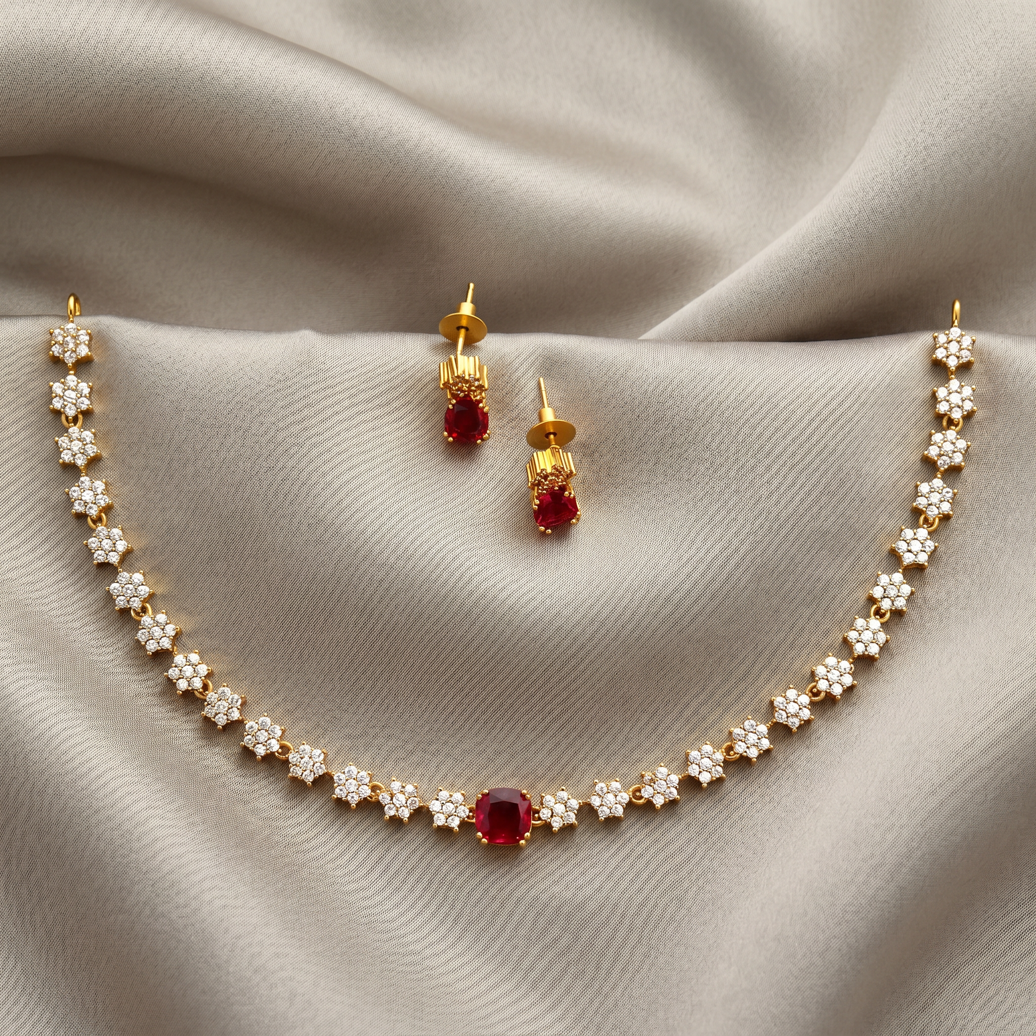Ruby CZ Floral Necklace Set