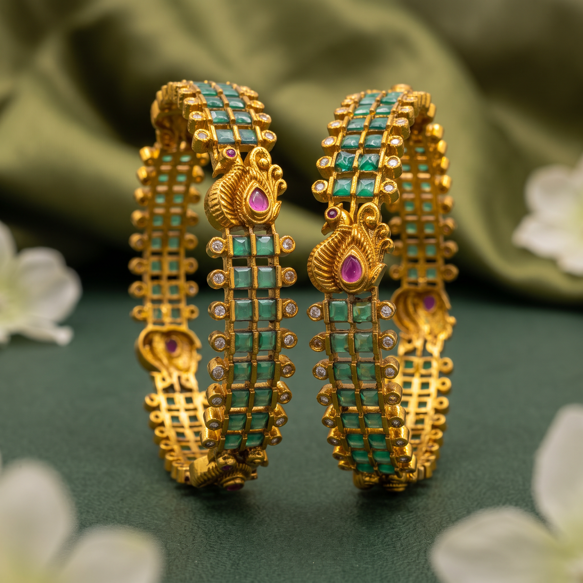 Emerald Peacock Green Color Bangle with Traditional Peacock Motifs