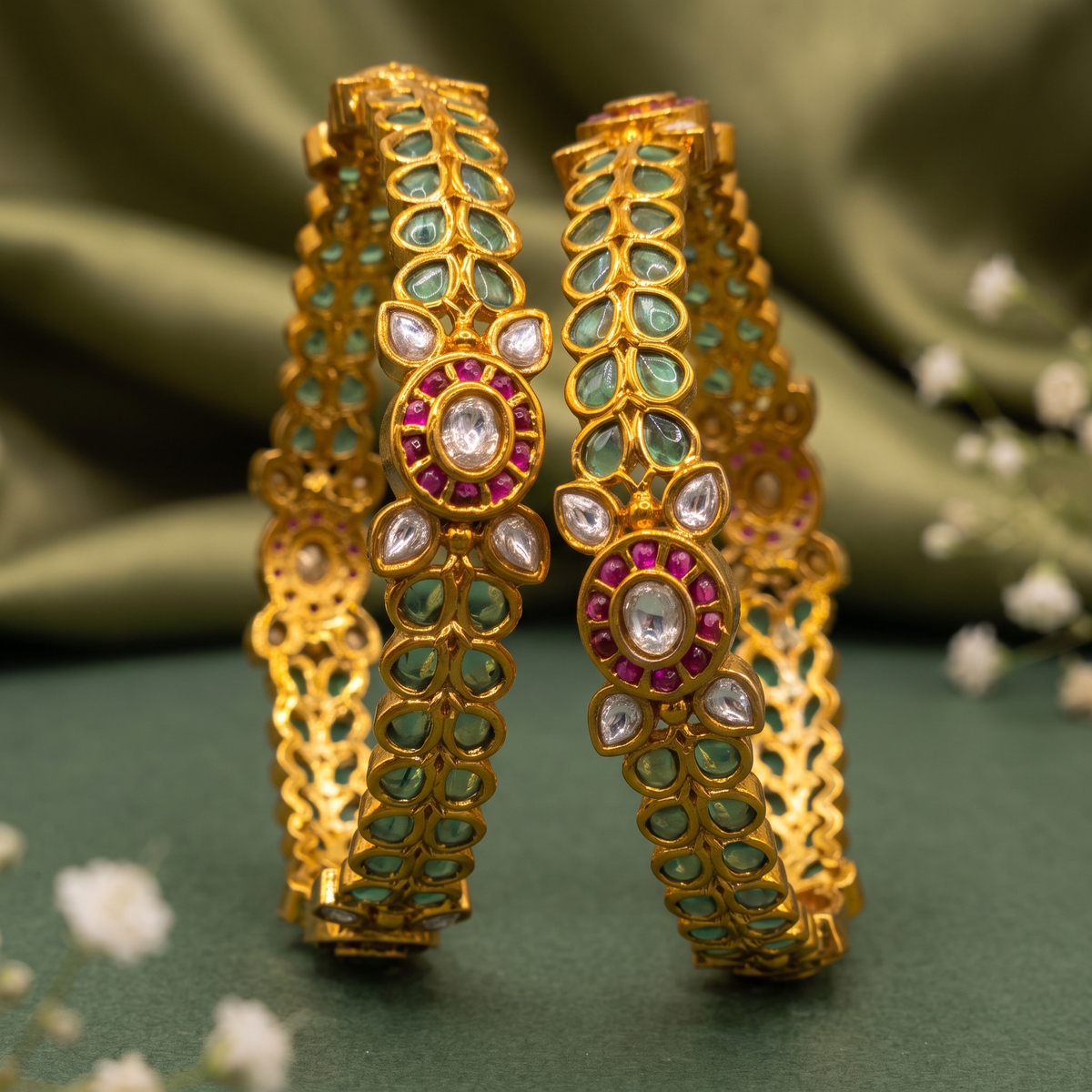 Emerald Ruby Green Bangle with Floral Motifs