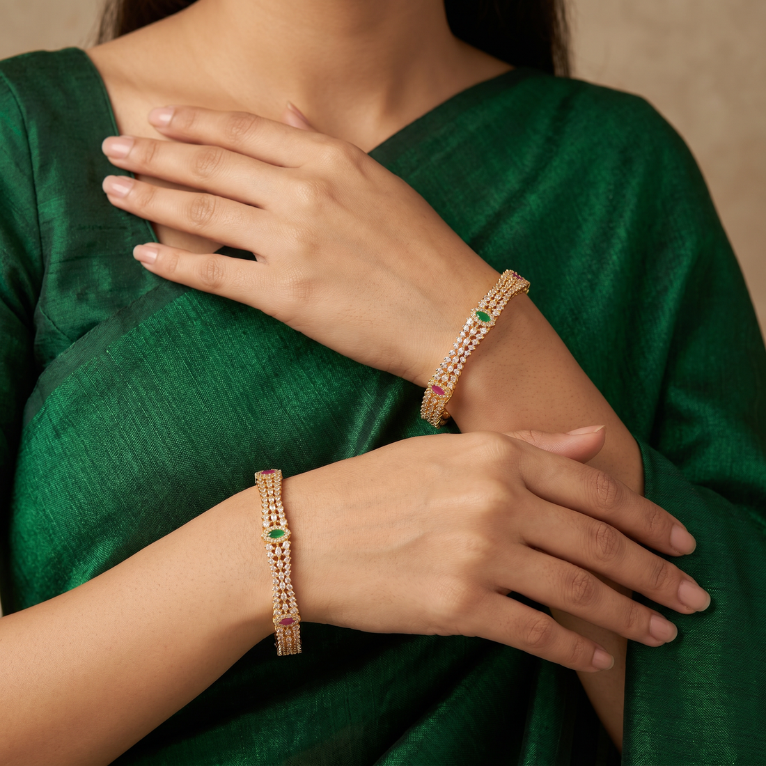 Ruby Emerald CZ Broad Bangle Set