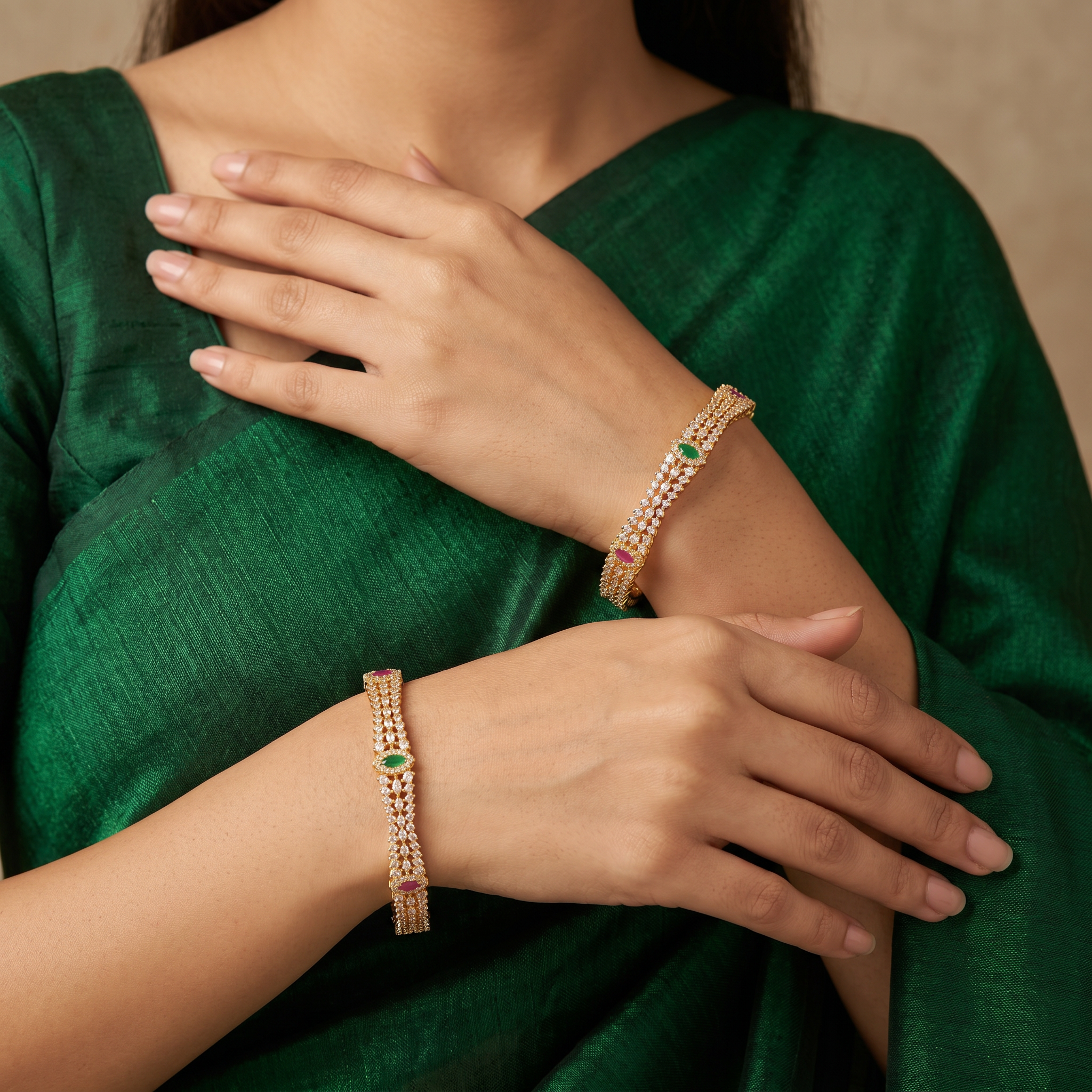 Ruby Emerald CZ Broad Bangle Set
