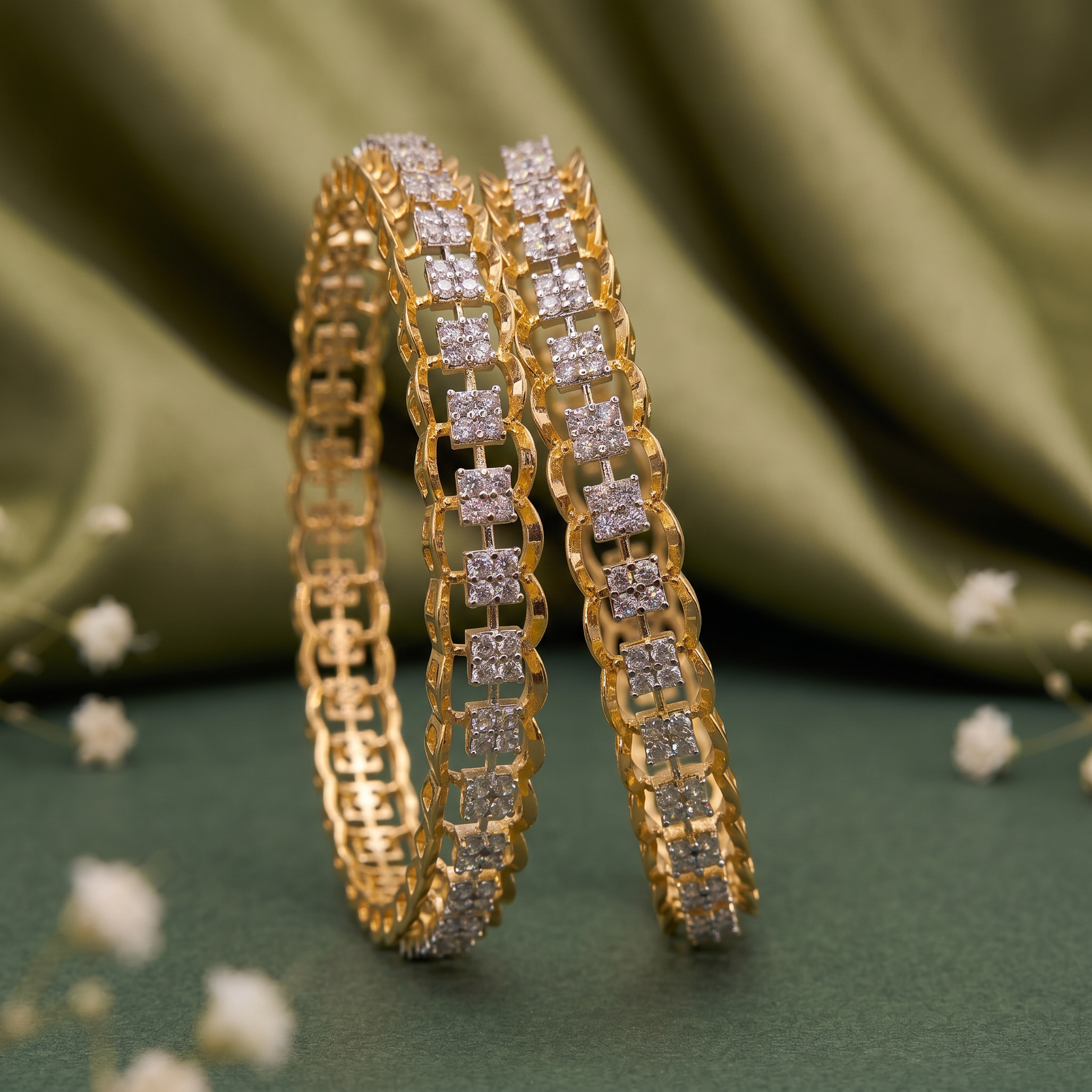 CZ Square Cluster Chain Bangle Set
