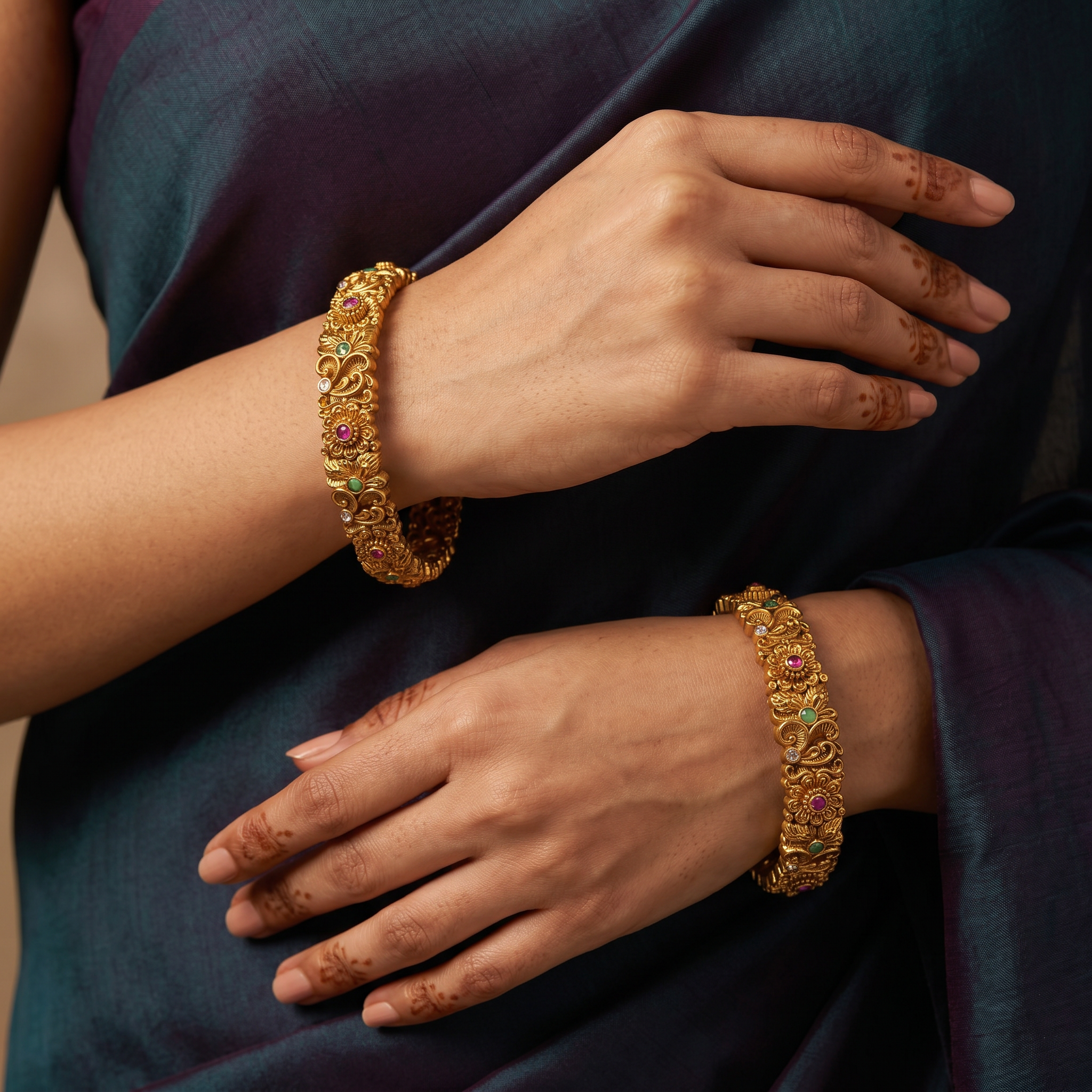 Antique Gold Floral Nakshi Bangle Set