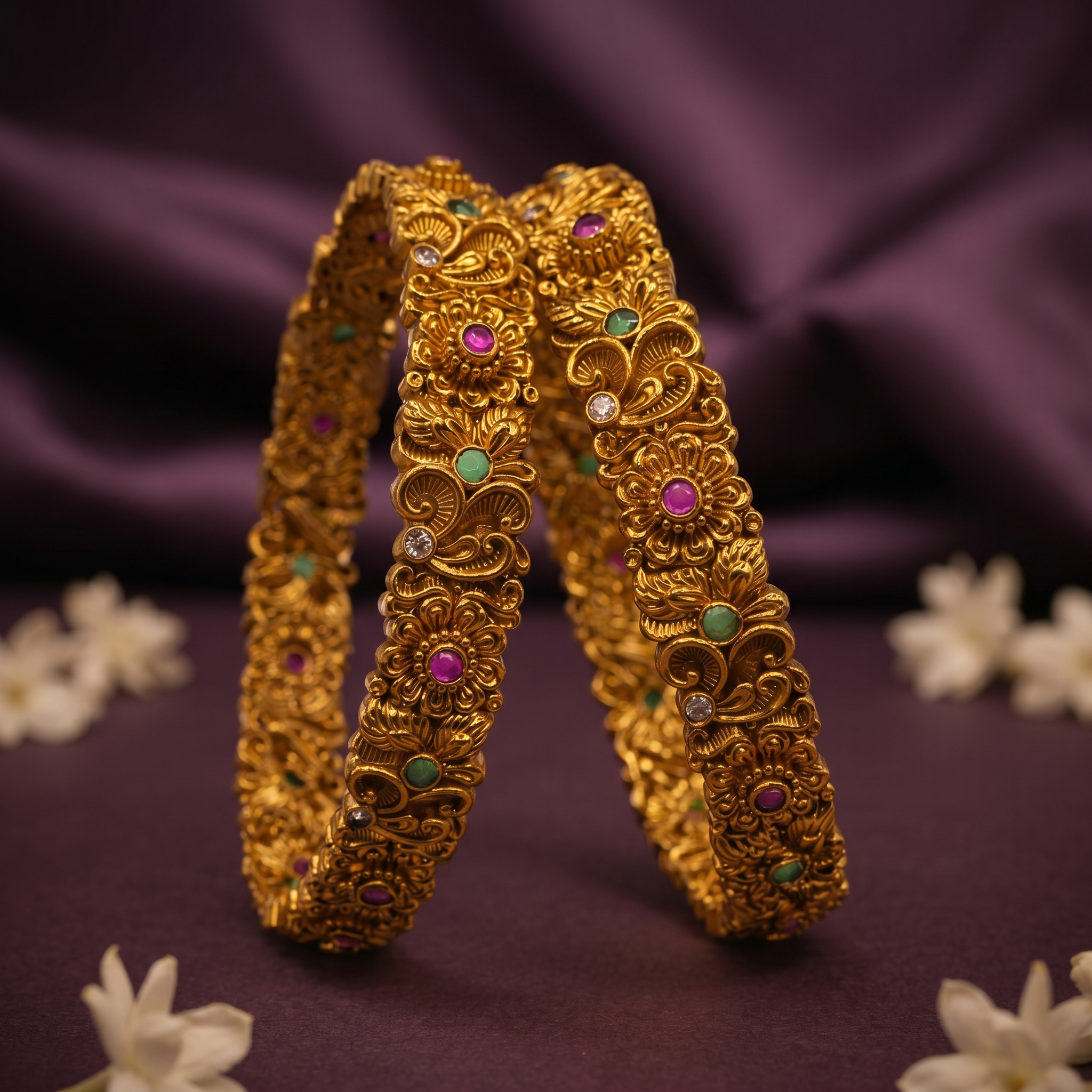 Antique Gold Floral Nakshi Bangle Set