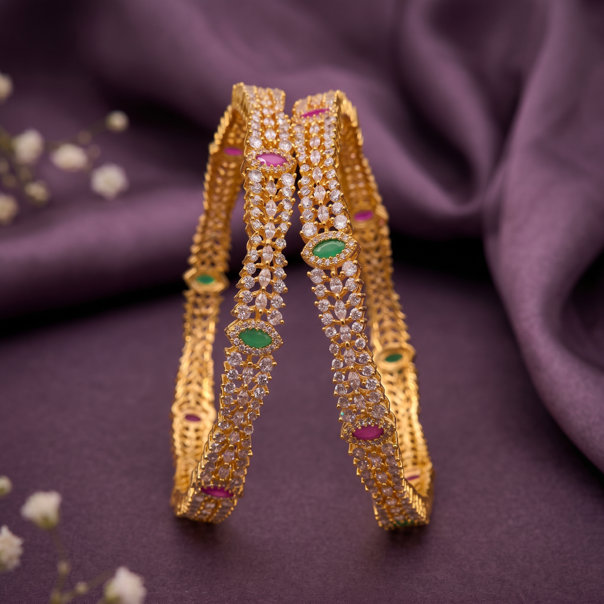 Ruby Emerald CZ Broad Bangle Set