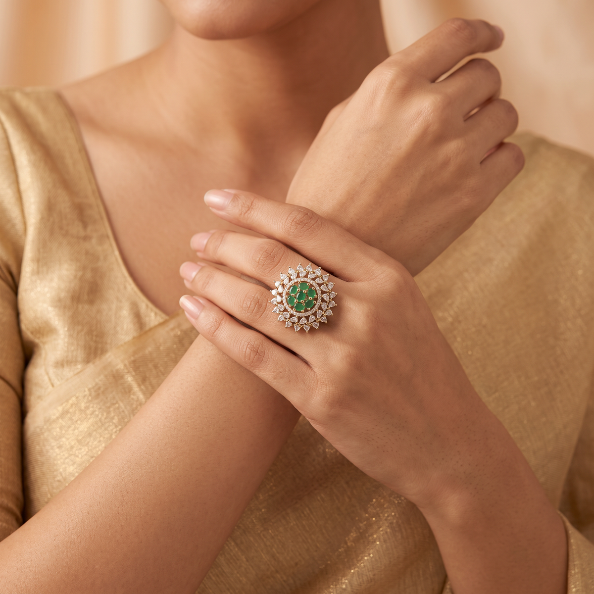 Emerald Floral Halo Statement Ring