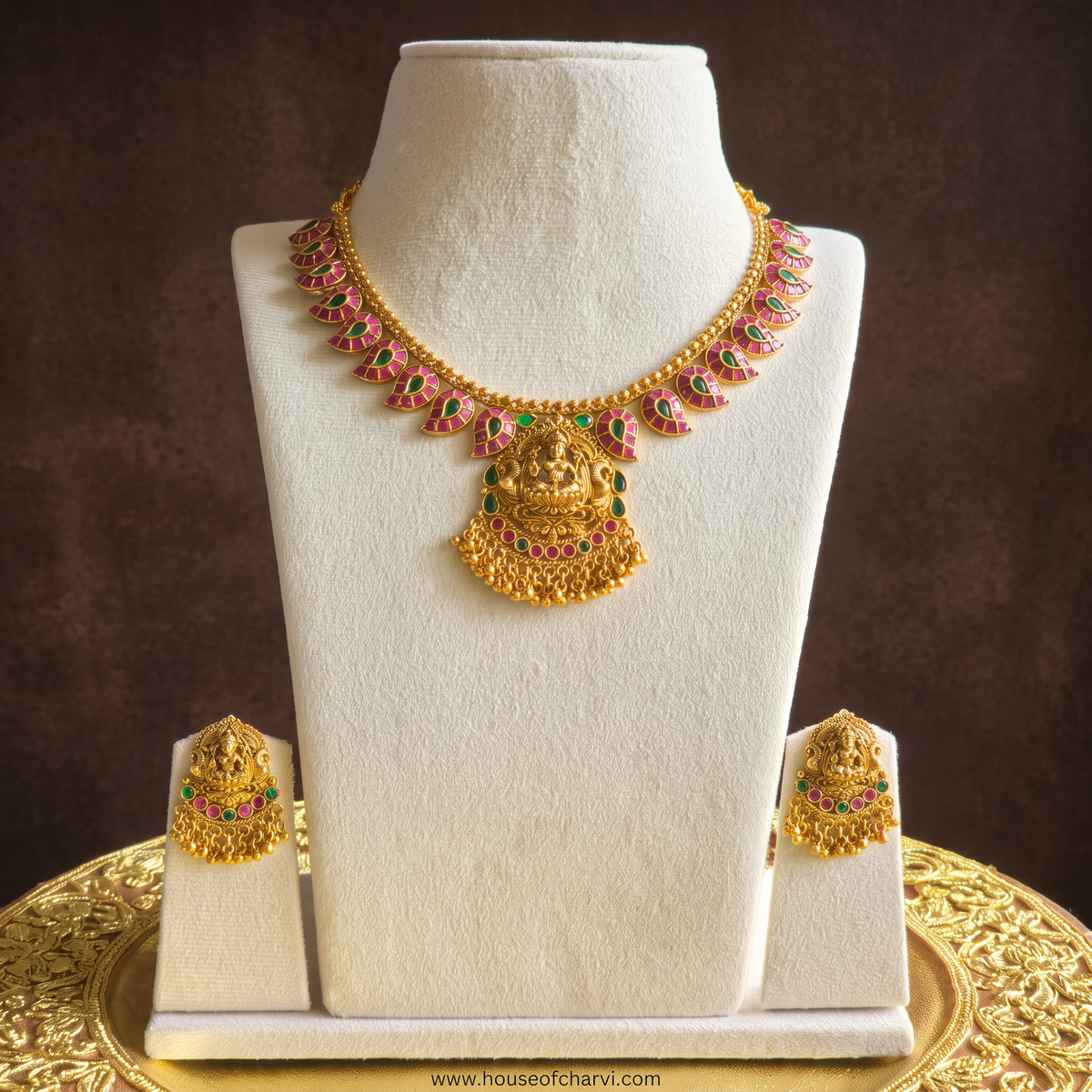 Ruby & Green Lakshmi Temple Necklace Set