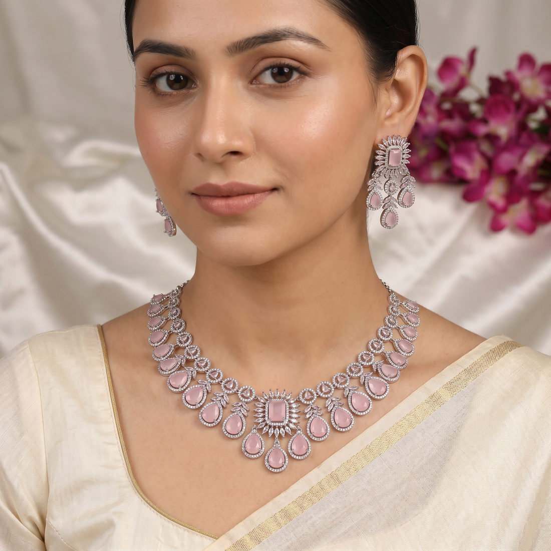 Elegant Pink Pastel Grand CZ Bridal set / Party wear
