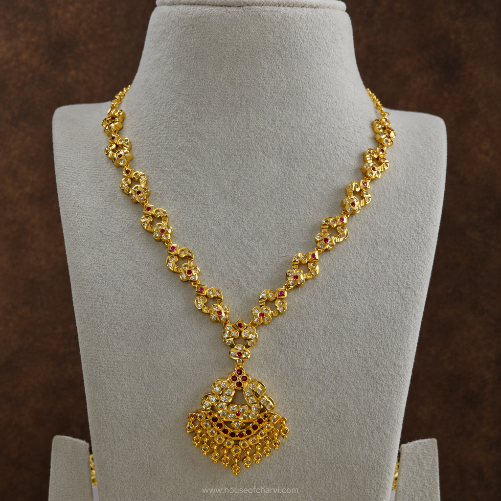 Antique Gold Ruby CZ Floral Necklace
