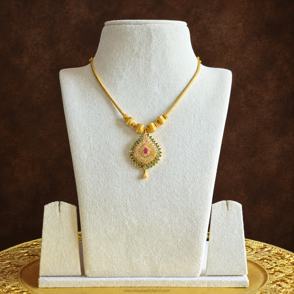 Green and Pink Stone Teardrop Necklace