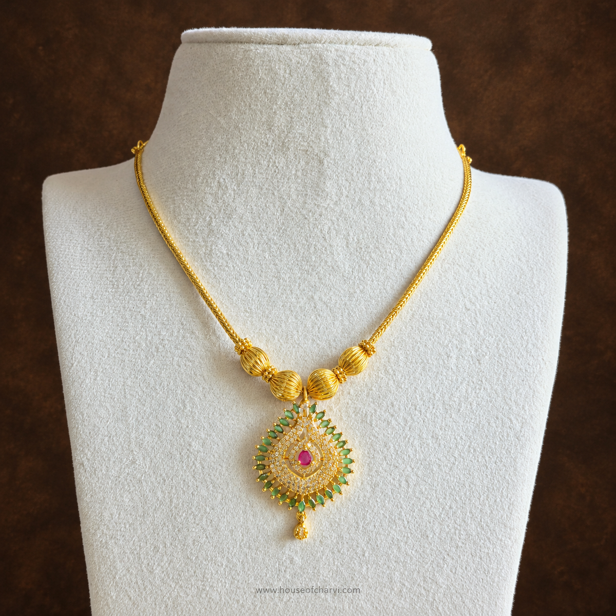 Green and Pink Stone Teardrop Necklace