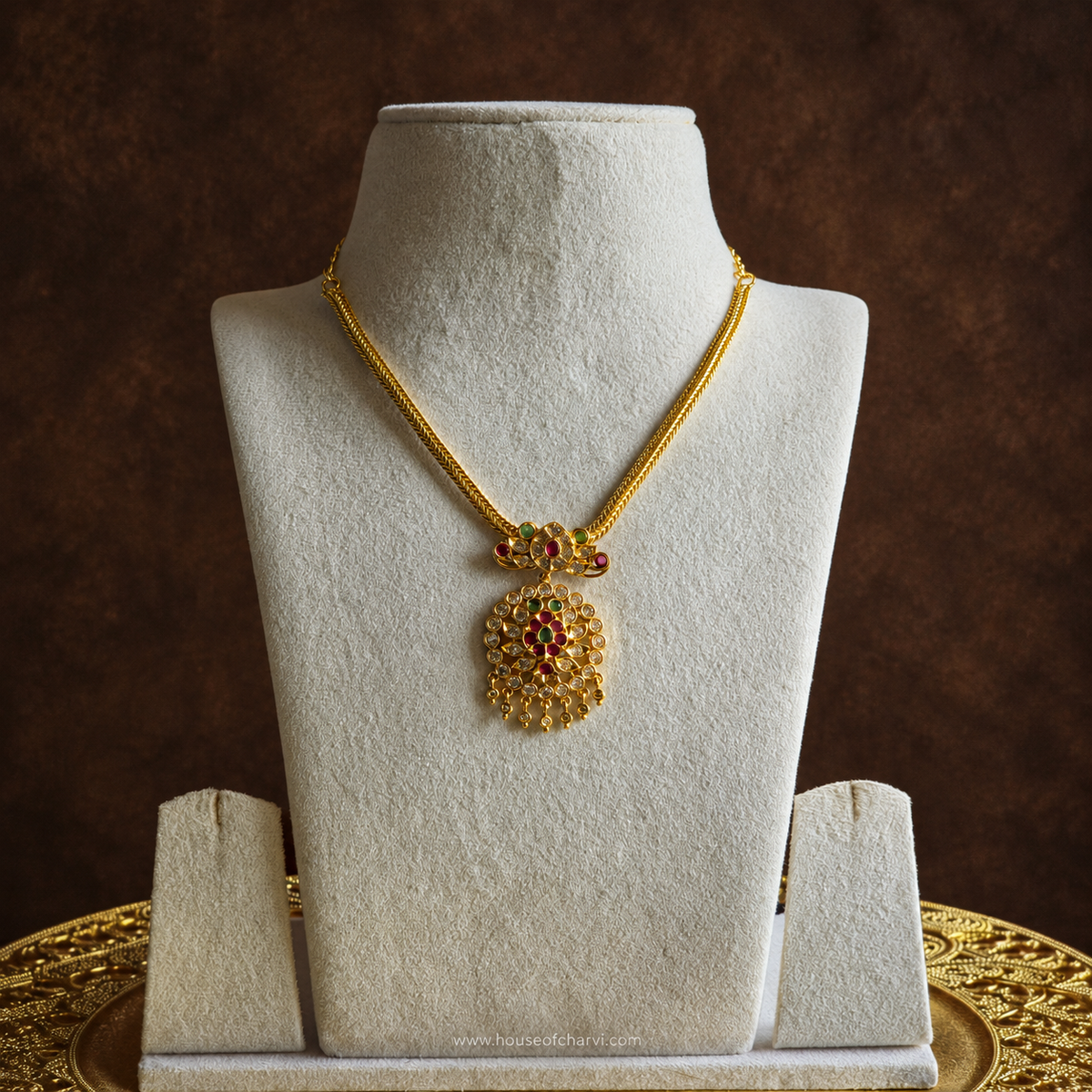 Ruby Emerald Floral Pendant Attigai Necklace