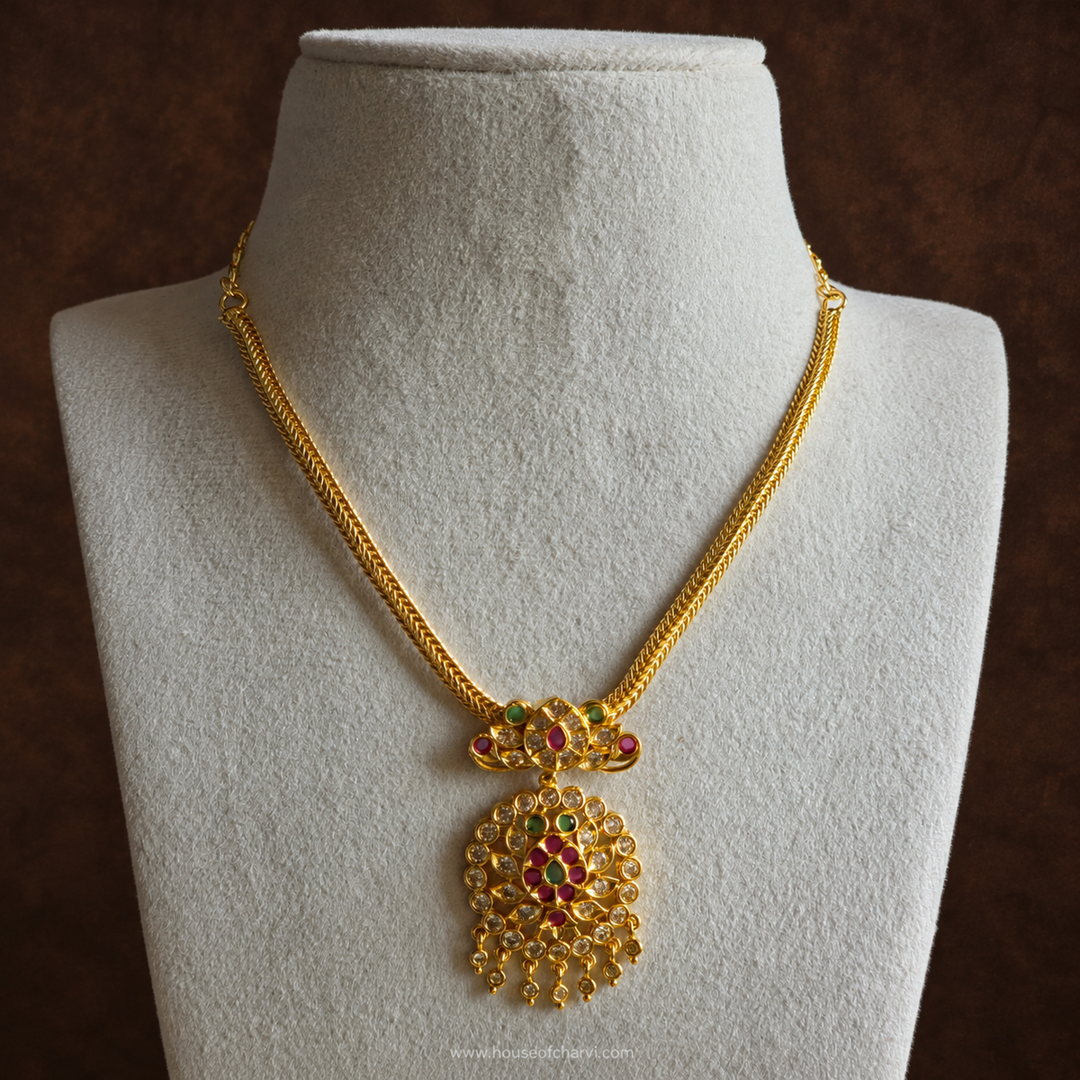 Ruby Emerald Floral Pendant Attigai Necklace
