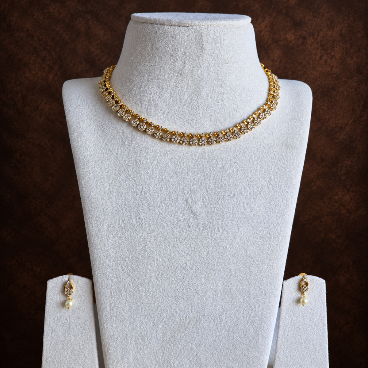 Floral CZ Pearl Drop Choker Set