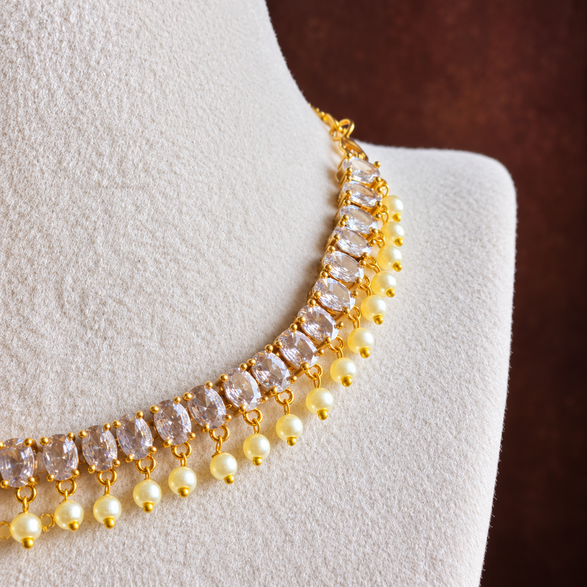 White Crystal Pearl Drop Choker Necklace Set