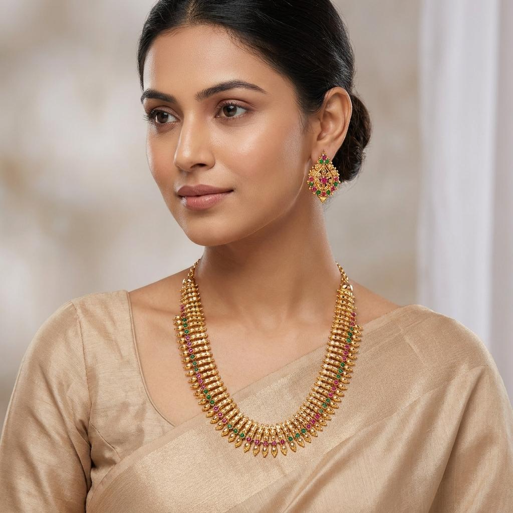 Ruby Emerald Gold Spike Fringe Collar Necklace Set
