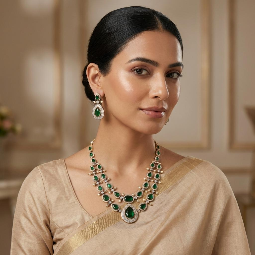 Royal Emerald AD Layered Necklace Set