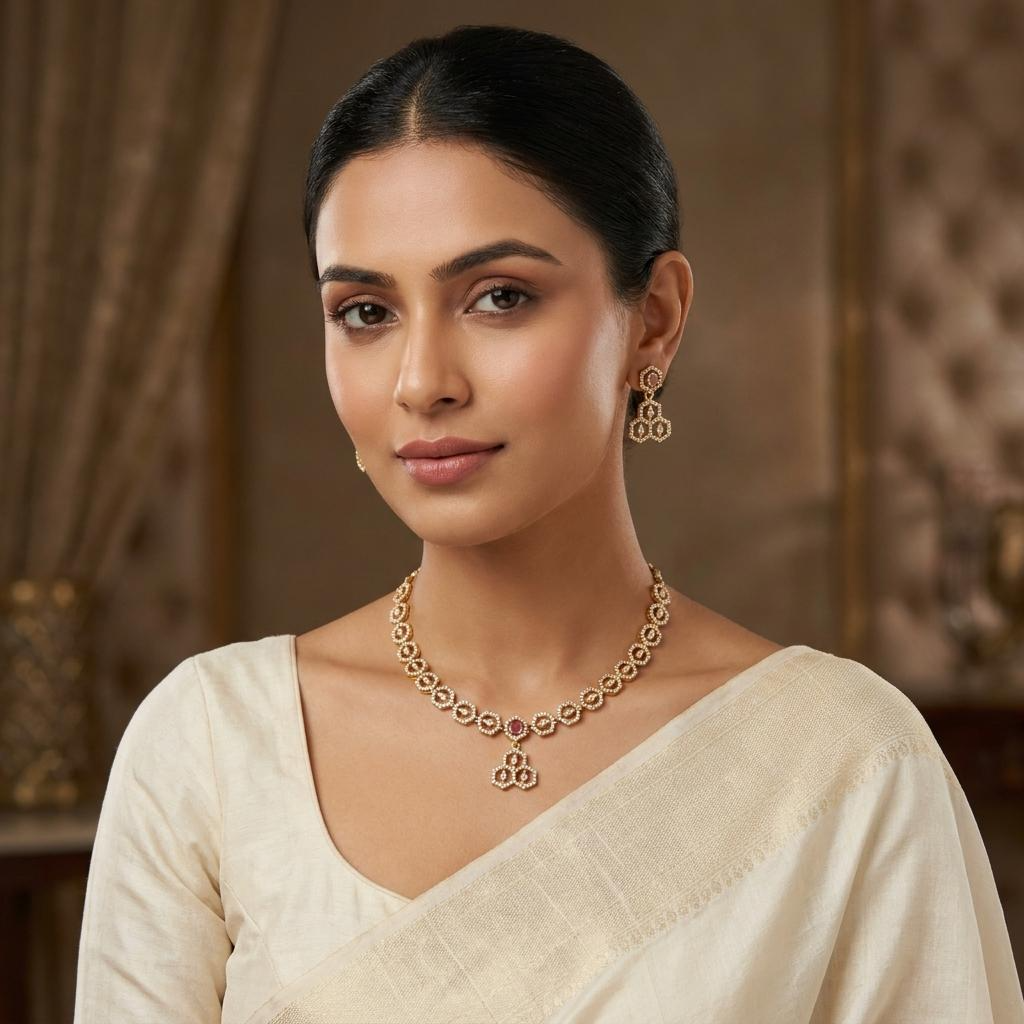Hexagon CZ Champagne Stone Necklace Set