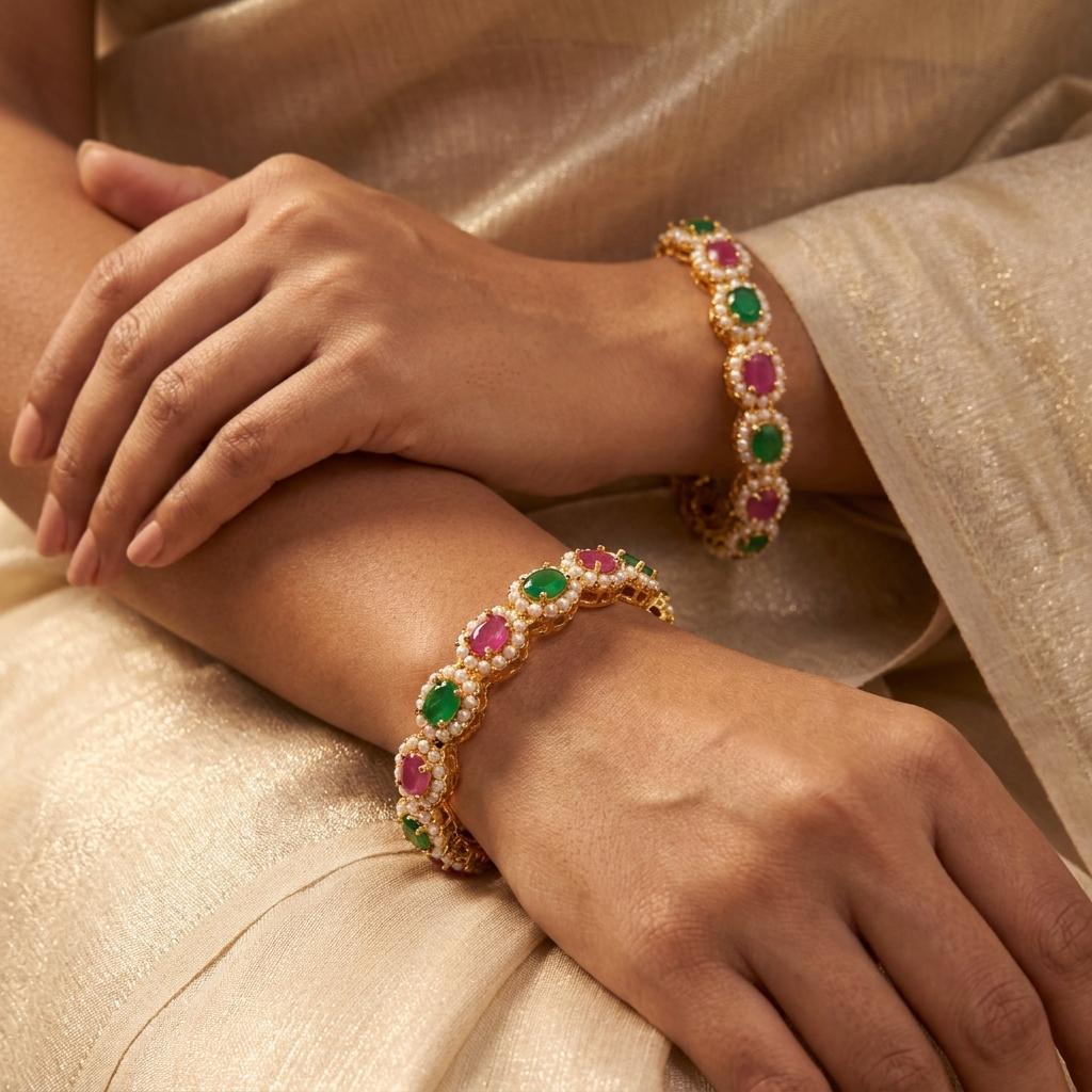 Floral Stone Designer Bangle Pair