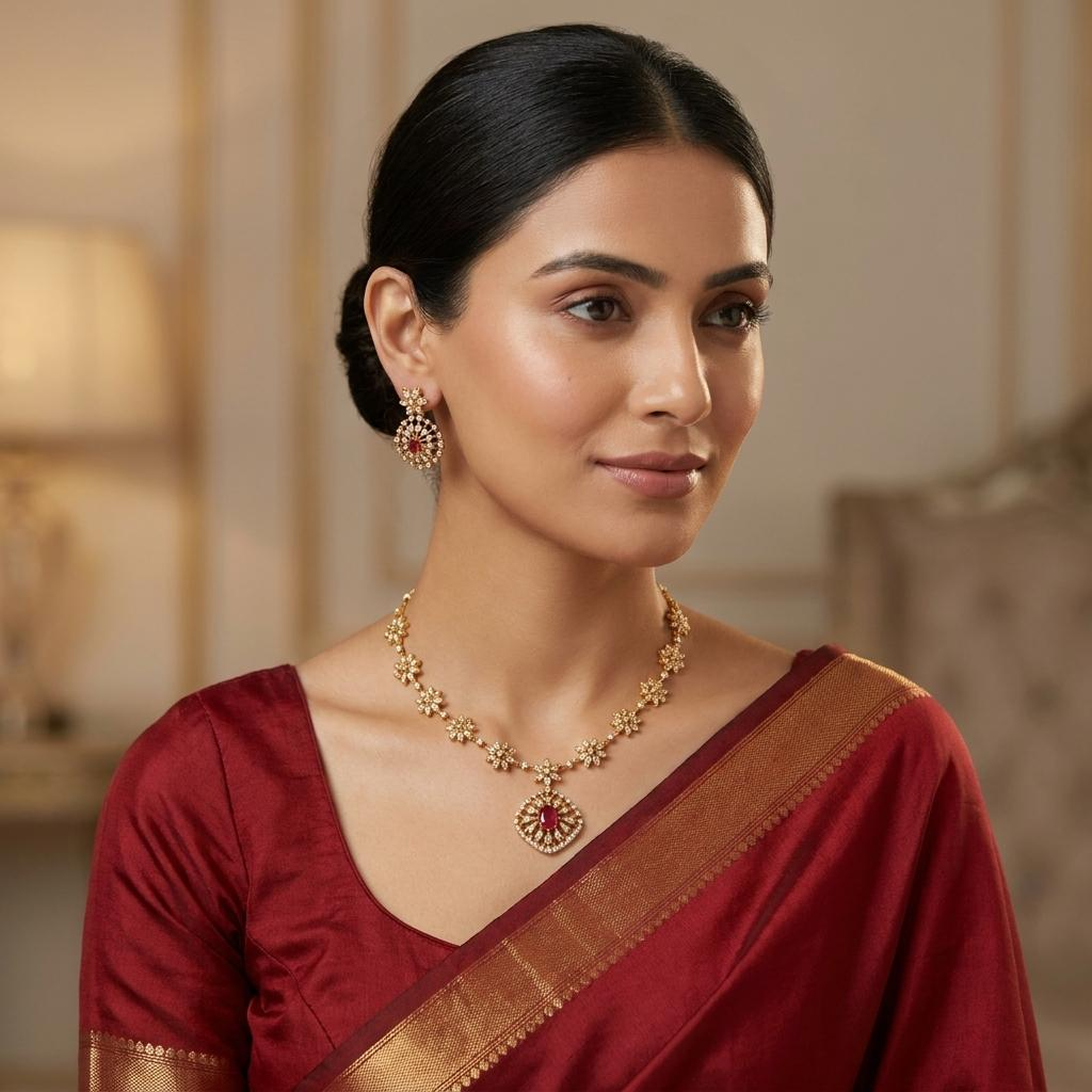 Elegant Floral CZ Ruby Necklace Set