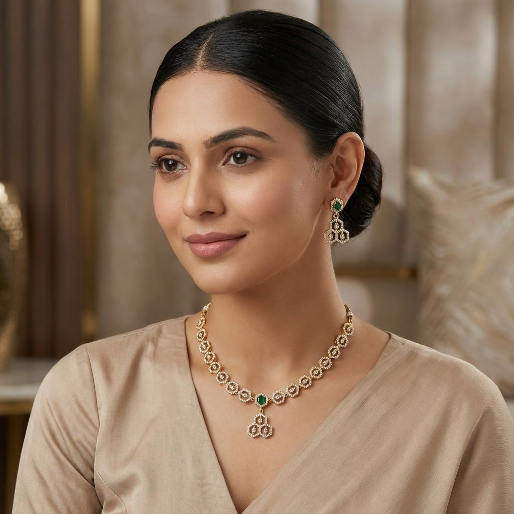 Hexagon CZ Green Stone Necklace Set