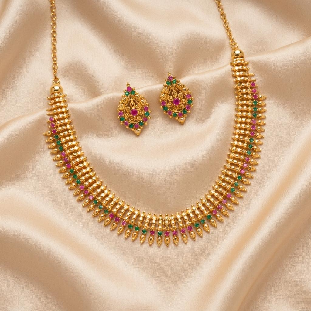 Ruby Emerald Gold Spike Fringe Collar Necklace Set