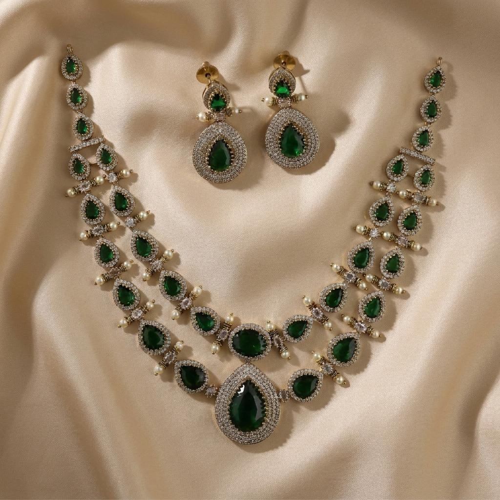 Royal Emerald Victorian AD Layered Necklace Set