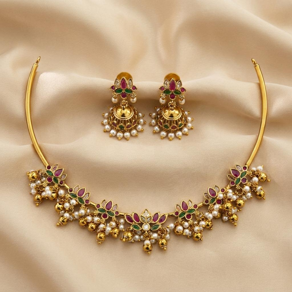 Lotus Pearl Choker Necklace Set