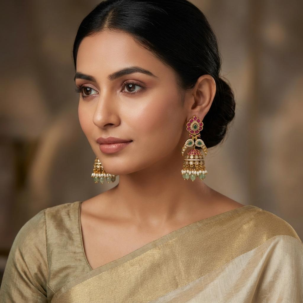 Peacock CZ Jhumka Earrings
