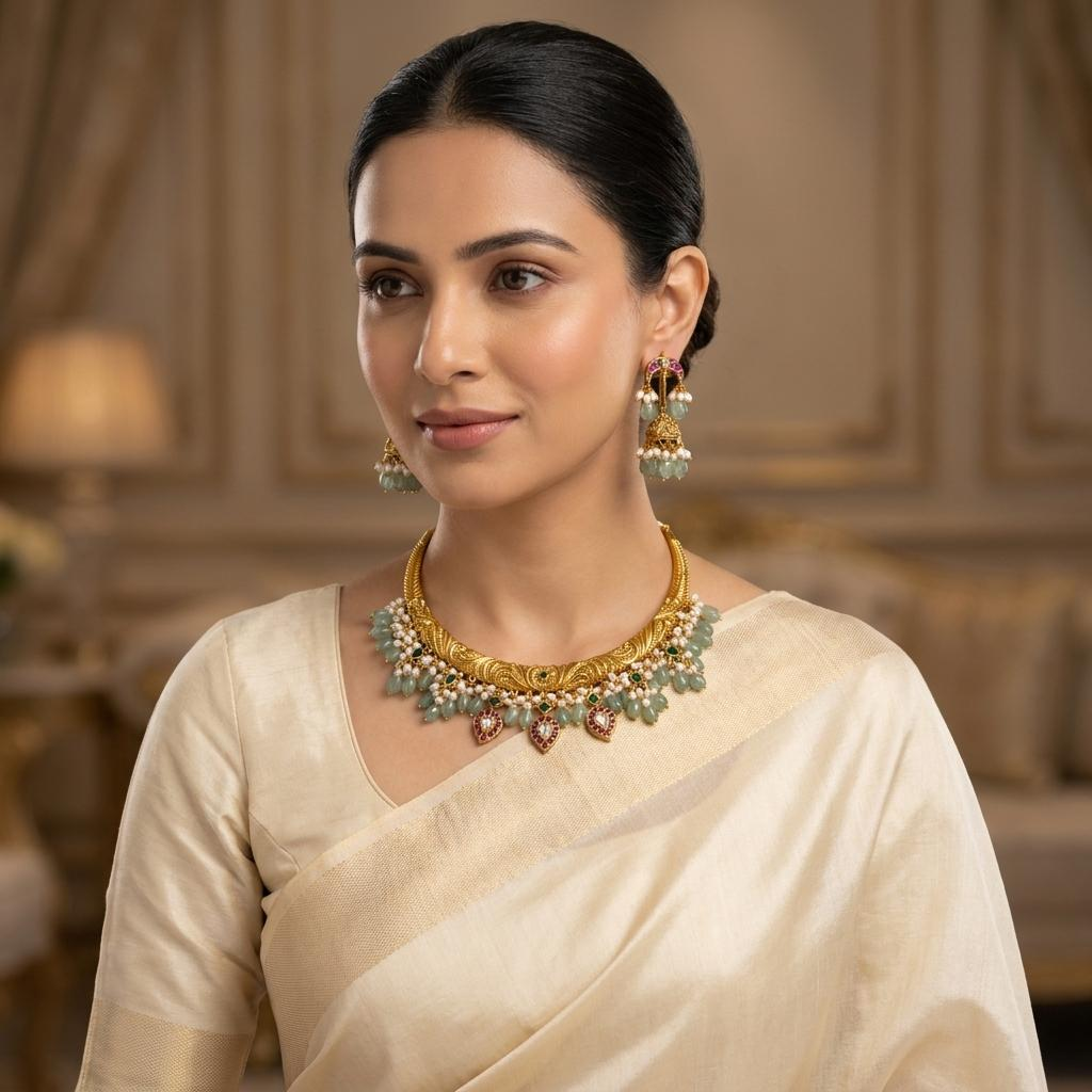 Green Bead Temple Choker Necklace Set
