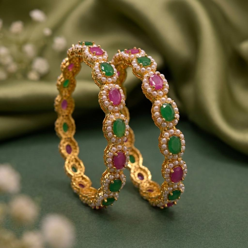 Floral Stone Designer Bangle Pair