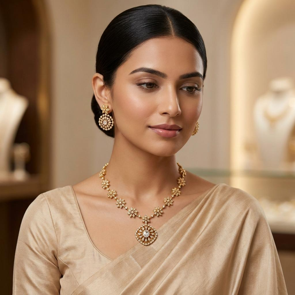 Floral CZ Crystal Pendant Necklace Set