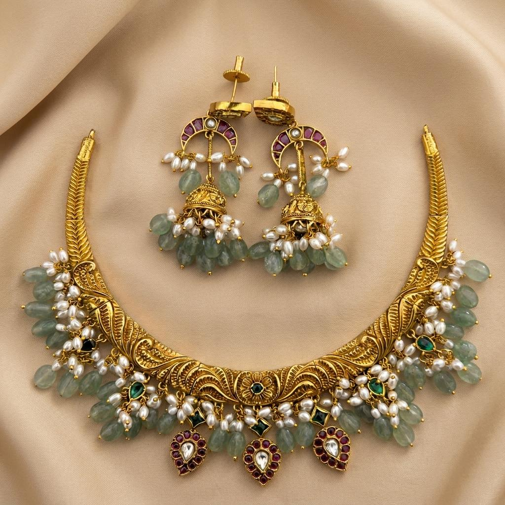 Green Bead Temple Choker Necklace Set