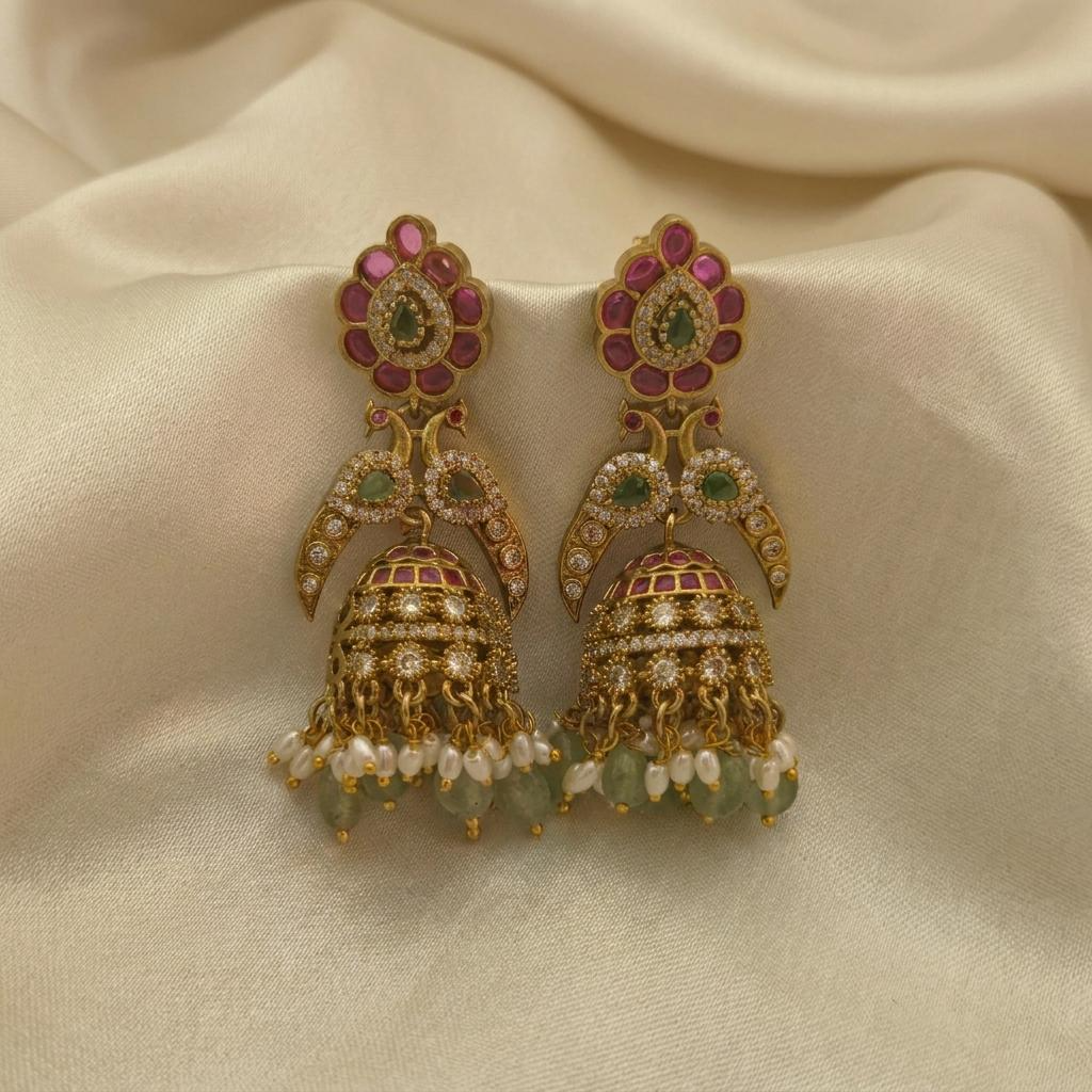 Peacock CZ Jhumka Earrings