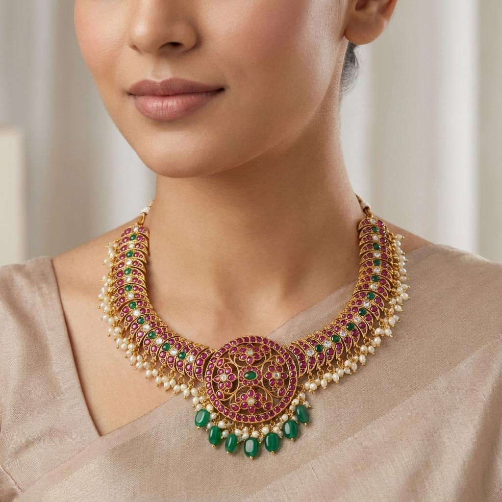 Ruby Kempu Rice Pearl Drop Choker Set