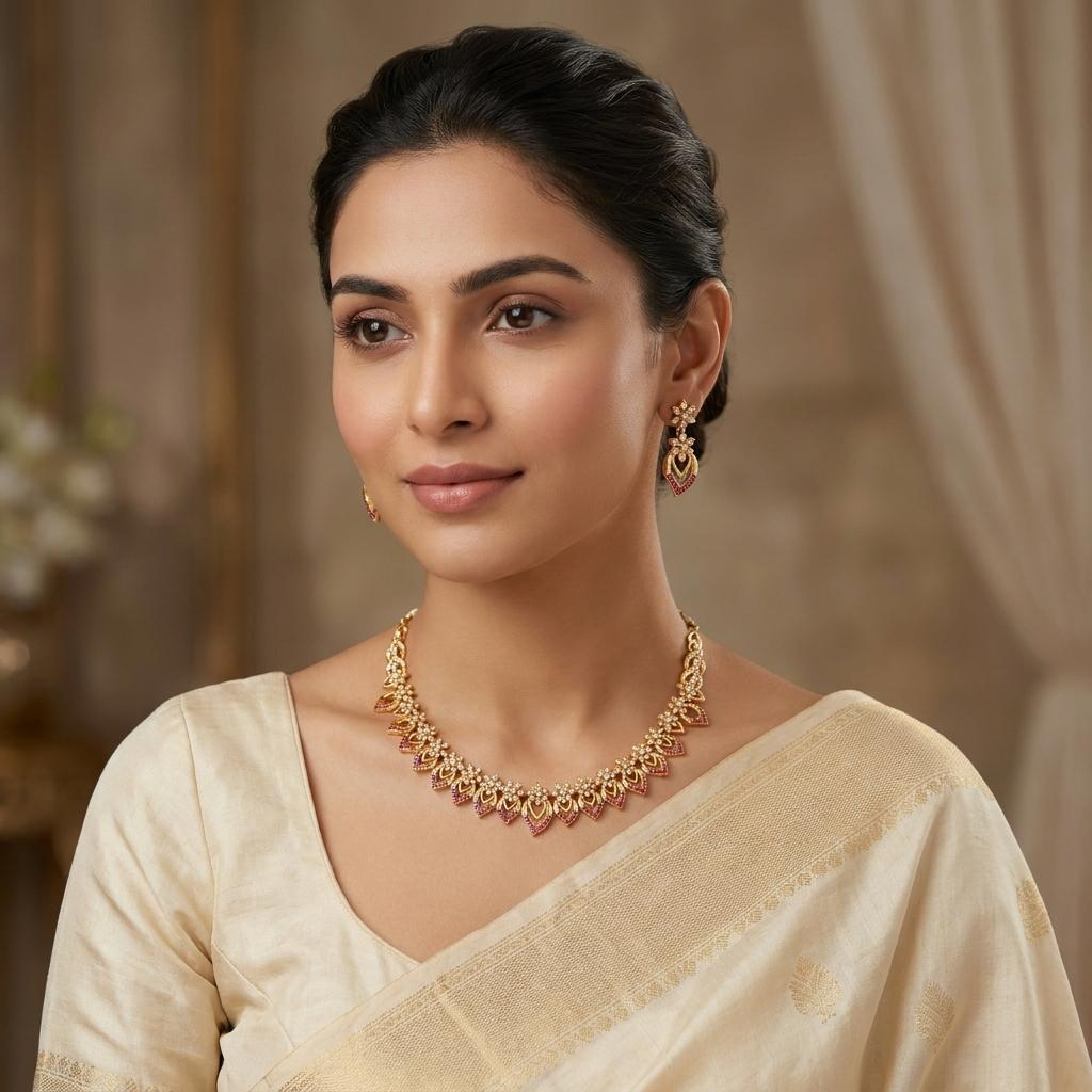 Ruby CZ Floral Leaf Necklace Set