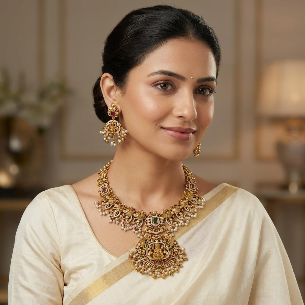 Lakshmi Peacock Antique Temple Necklace Set