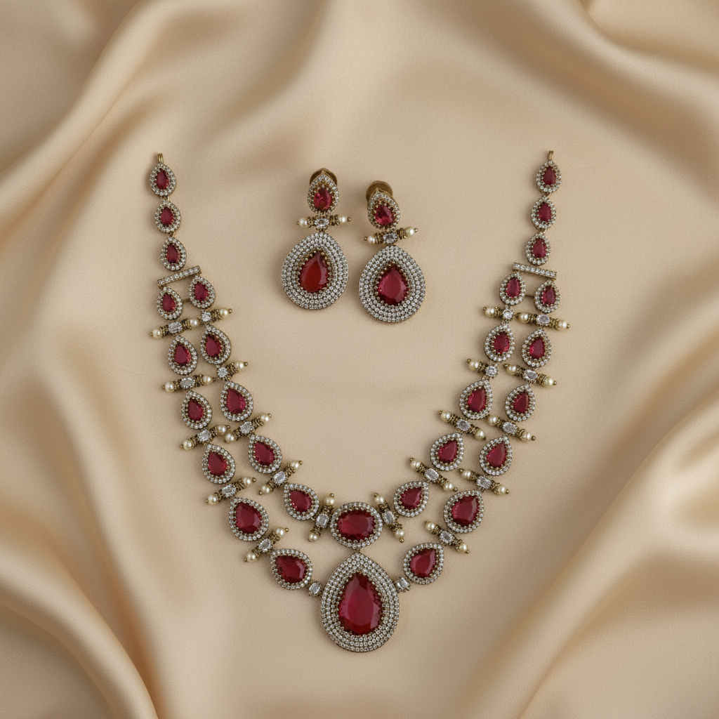 Royal Ruby Victorian AD Layered Necklace Set