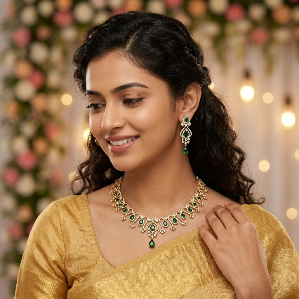 Emerald Leaf CZ Necklace Set