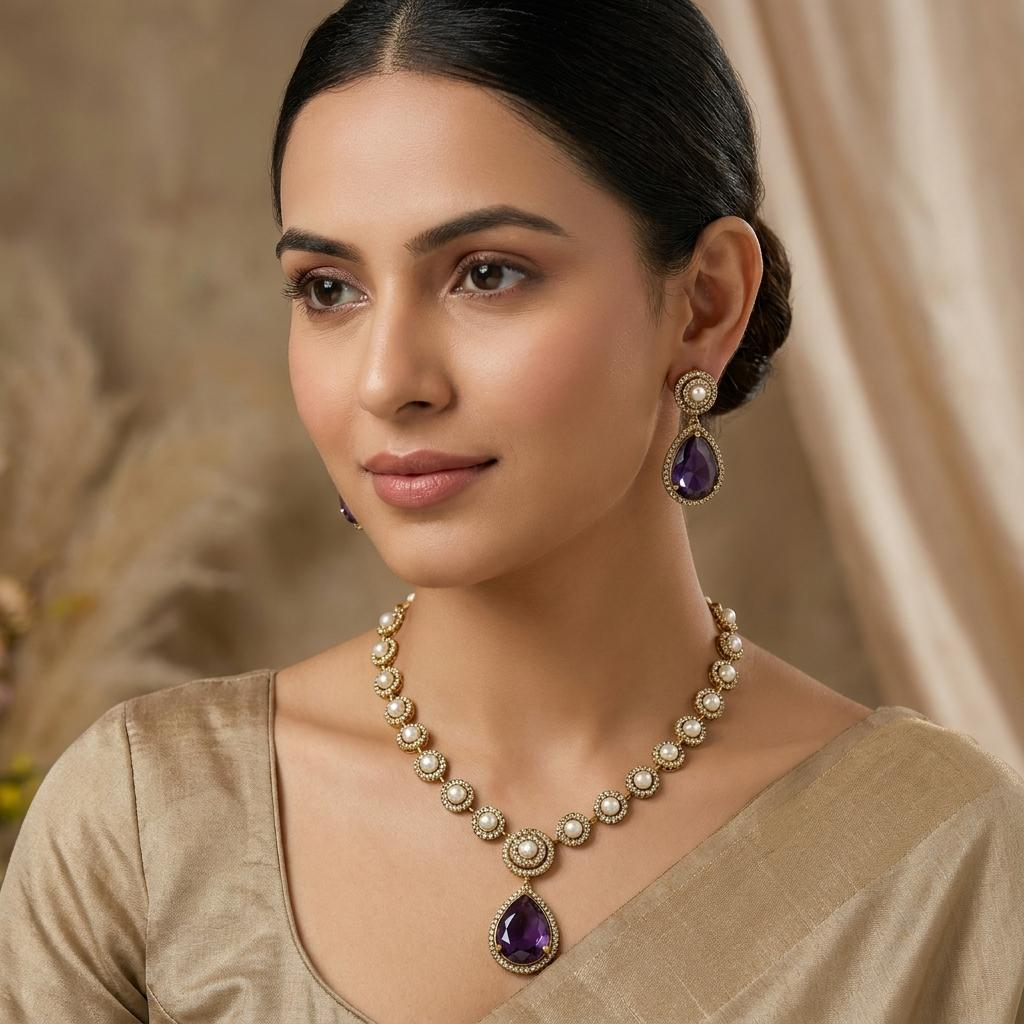 Pearl Purple CZ Necklace Set