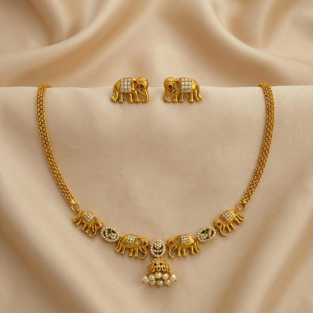 Elephant Motif Temple Necklace Set