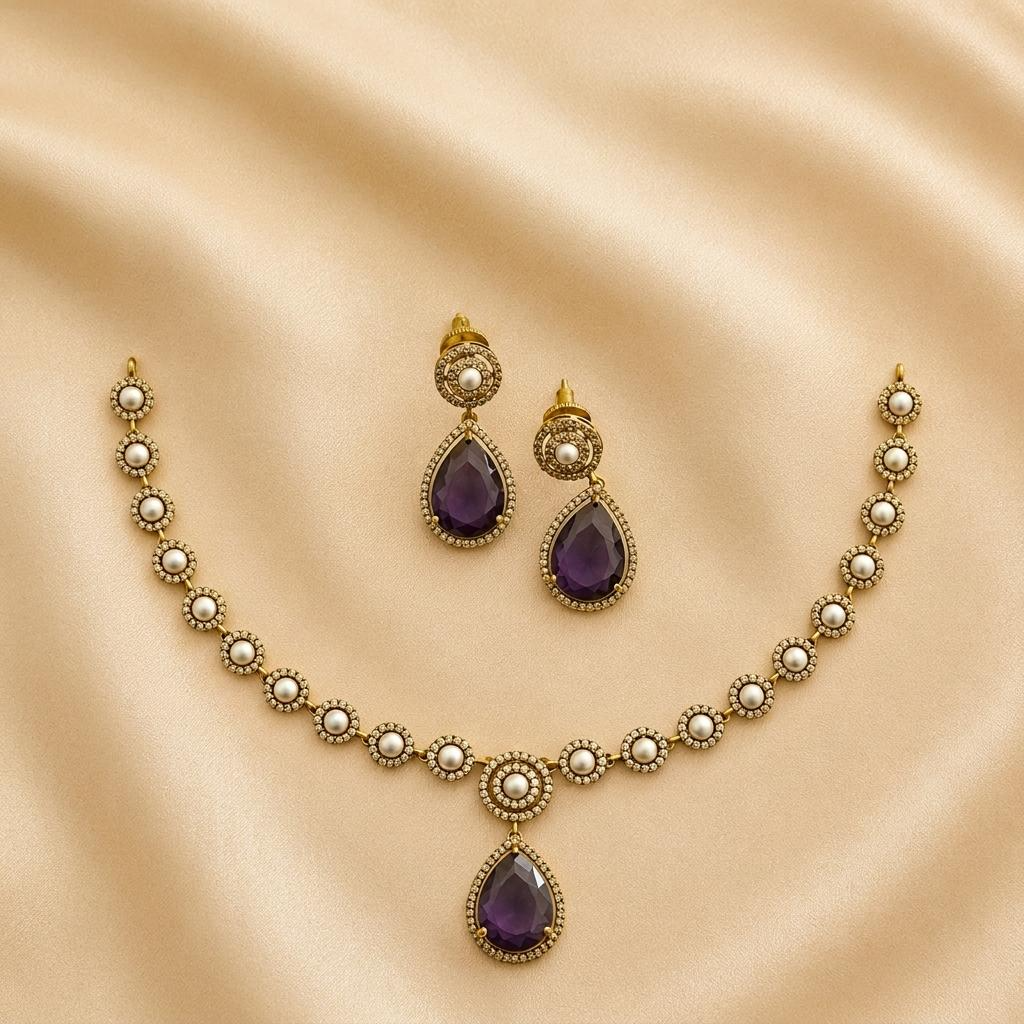 Pearl Purple CZ Necklace Set
