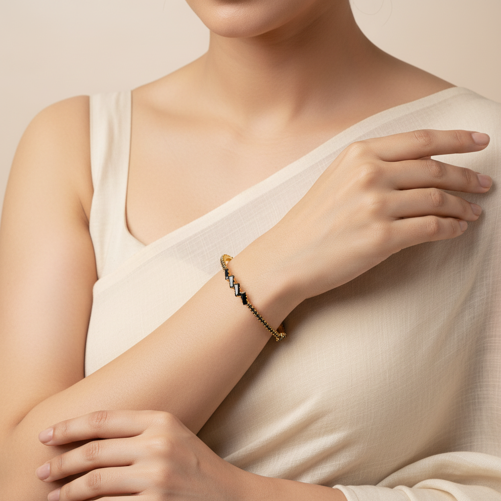 Black Baguette & Round Stone Bangle Set