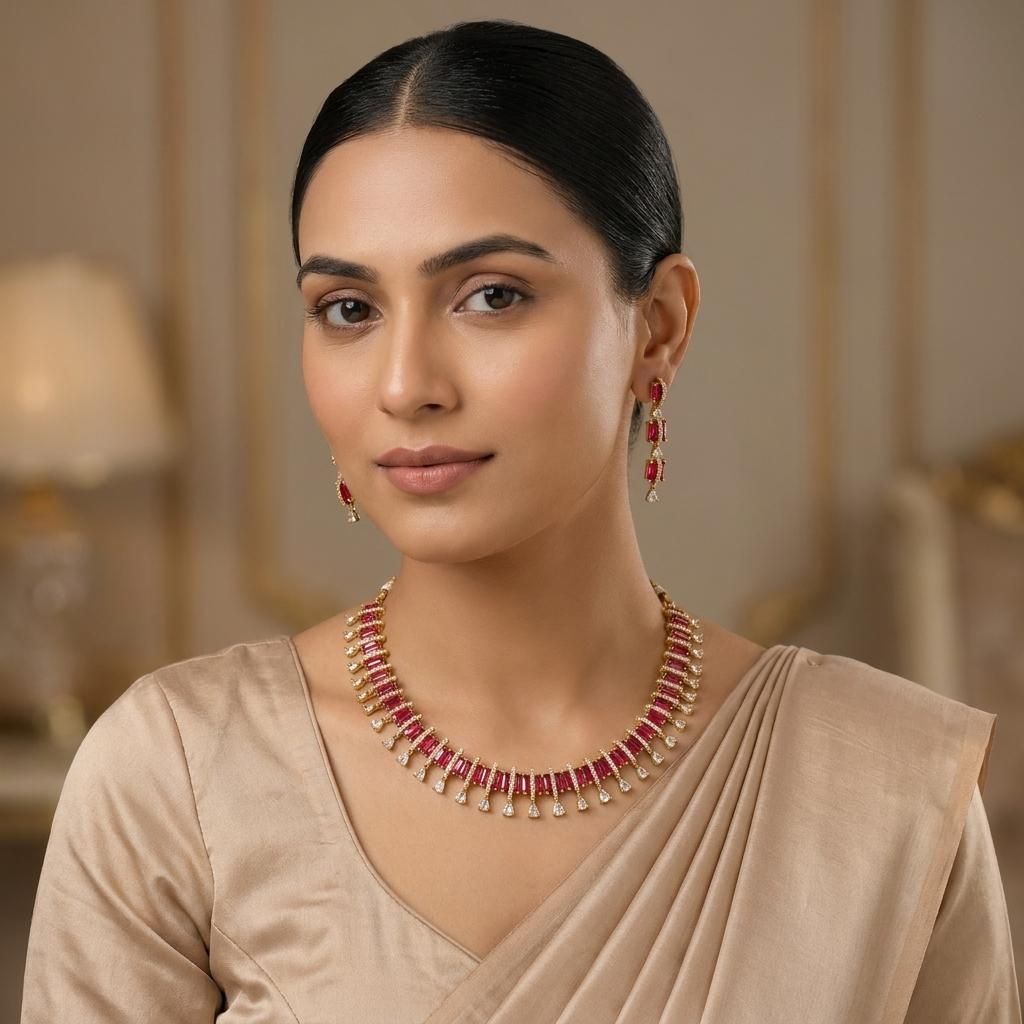 Ruby CZ Fringe Necklace Set
