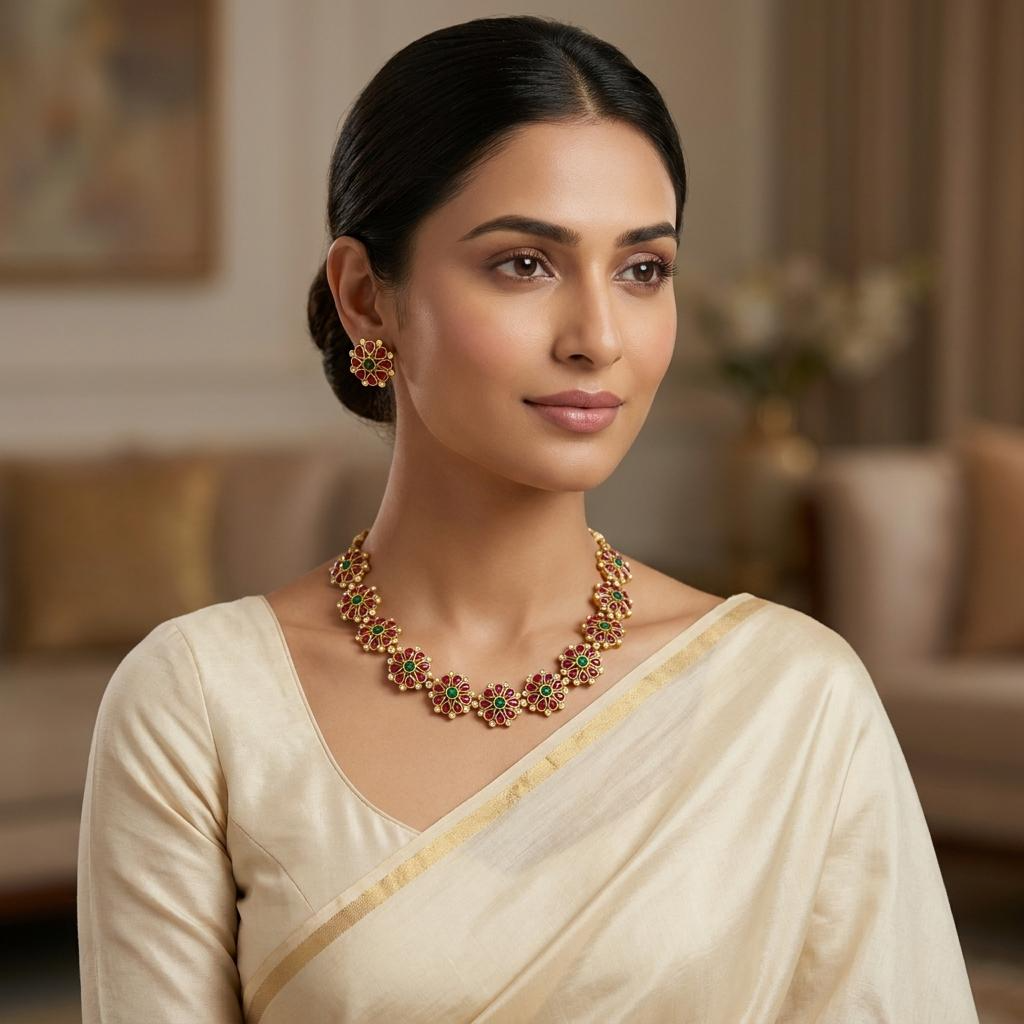 Ruby Emerald Floral Kundan Necklace Set