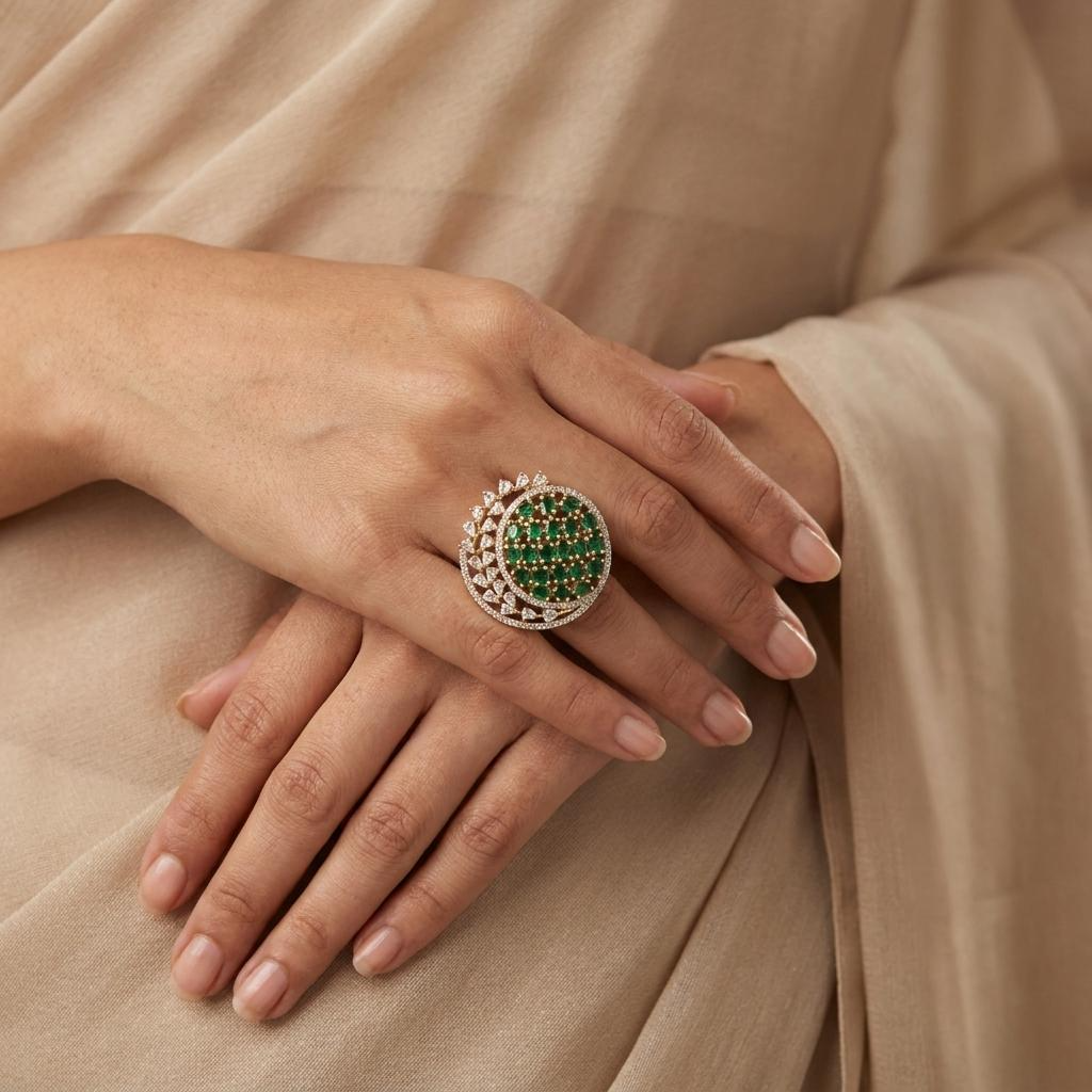 Emerald Floral Lattice Statement Ring