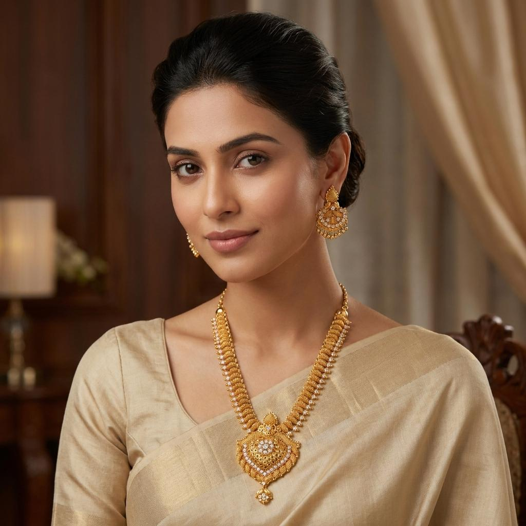 Gold Filigree CZ Long Necklace & Earring Set